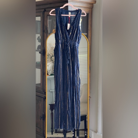 NWT Raga Dusk Till Dawn Boho Jumpsuit Navy with Gold Lurex Details Size Small - Picture 1 of 8
